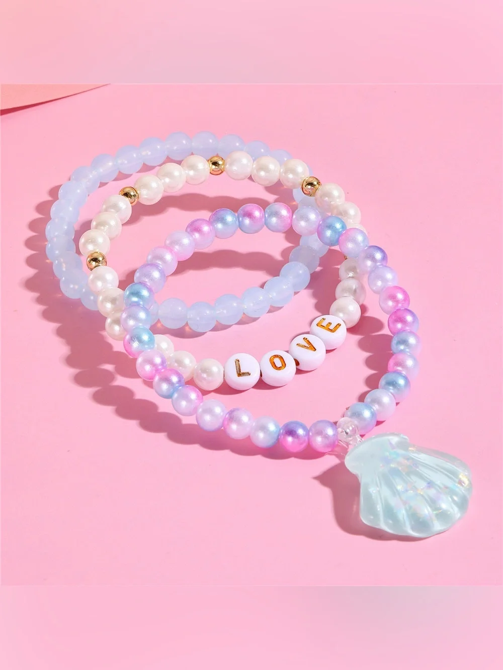 Kids 3-Pack Pastel Pearl & Shell Bead Bracelets - LOVE Charm